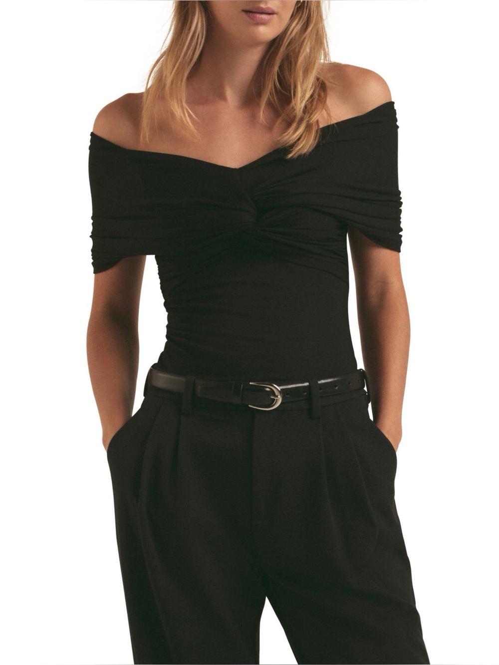 Favorite Daughter NWT Top XL Black Off Shoulder Ruched Adjustable Stretchy